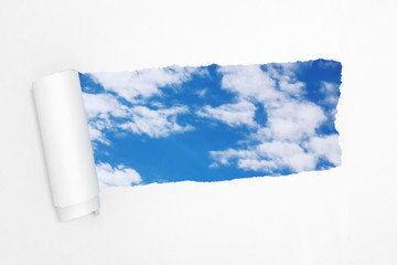 Blue Sky in the Hole of Torn White Paper. 3d Rendering