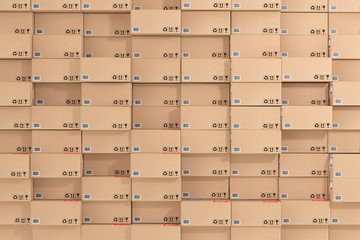 Logistic, Distribution and Delivery Concept. Cardboard Packages and Parcels Boxes Stack in Warehouse as Background. 3d Rendering