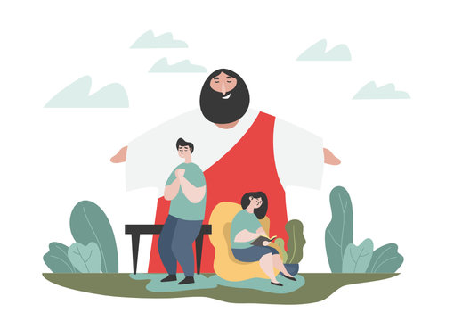 Cartoon drawing of Jesus comforting people Is a vector image or illustration that can be used for various designs and media.