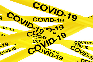 Fototapeta premium COVID-19 Quarantine Zone Yellow Tape Strips. 3d Rendering
