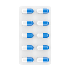 Blue Health Care Capsules in Blister Pack. 3d Rendering