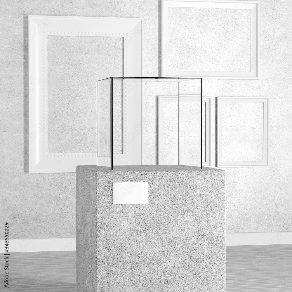 Poster empty pedestal, stage, podium or column with glass showcase cube in art gallery or museum. 3d render