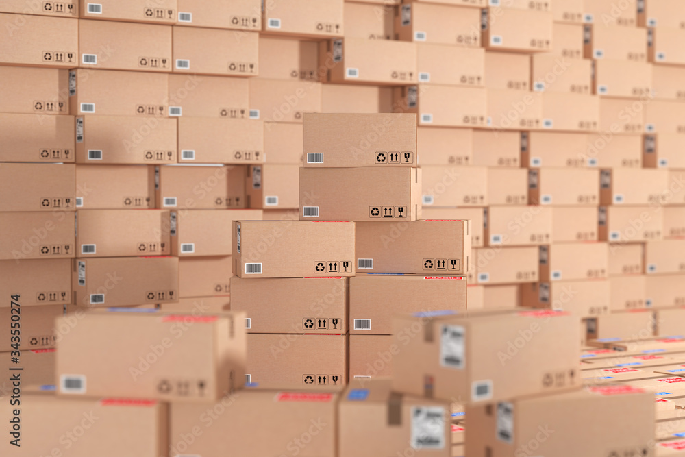 Poster logistic, distribution and delivery concept. cardboard packages and parcels boxes stack in warehouse