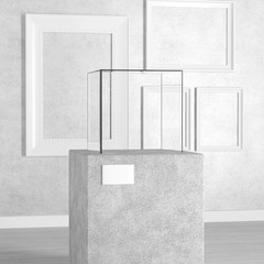 Empty Pedestal, Stage, Podium or Column with Glass SHowcase Cube in Art Gallery or Museum. 3d Rendering