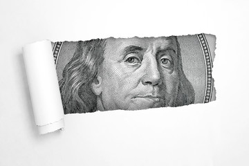 Benjamin Franklin on a Hundred Dollar Bill in the Hole of Torn White Paper. 3d Rendering - obrazy, fototapety, plakaty