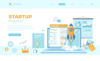 Project Startup, Financial planning, Idea, Strategy, Management, Realization, Success. Rocket launch, laptop, report, business plan. Can use for web banner, landing page, web template.
