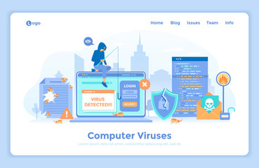 Computer Viruses and Hacker Attack. Errors detected, alert messages, bugs, open lock, infected files, broken shield. Thief hacker stealing password. landing web page design template decorated people