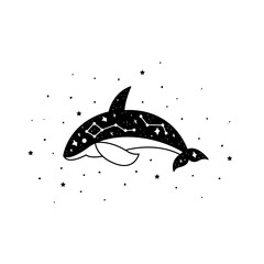 Mystical whale with moon and stars. Stars, constellations, moon.
