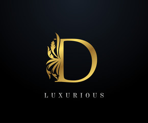 Gold Luxury letter D Floral logo. Vintage drawn emblem for book design, weeding card, brand name, business card, Restaurant, Boutique, Hotel. 