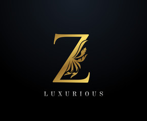 Gold Luxury letter Z Floral logo. Vintage drawn emblem for book design, weeding card, brand name, business card, Restaurant, Boutique, Hotel. 
