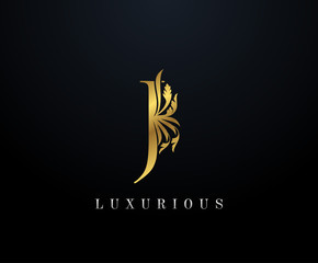 Gold Luxury letter J Floral logo. Vintage drawn emblem for book design, weeding card, brand name, business card, Restaurant, Boutique, Hotel. 