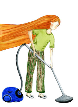 Watercolor illustration of girl cleaning the house with a vacuum cleaner on a white background.