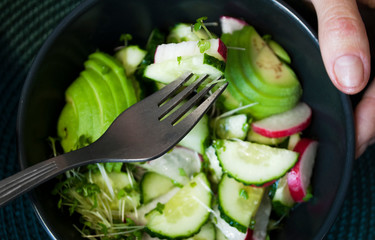 Vegetarian salad with avocado, cucumber, radish and micro flax and arugula greens. Healthy dinner,...