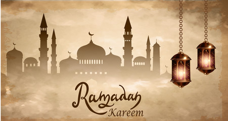 Ramadan Background with mosque in sky, and golden arabic lanterns.