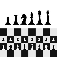 Set of chess pieces on chessboard. Chess strategy and tactic. Vector illustration