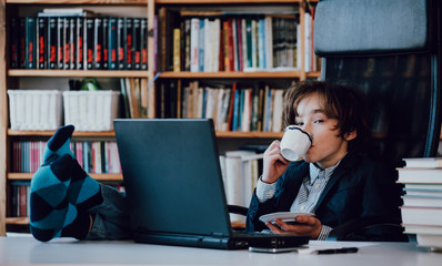 Coronavirus. Quarantine. Online training education . online education, Computer, laptop and boy studying remotely. Coronavirus pandemic in the world. Closing schools