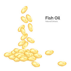 Fish oil omega 3. Transparent capsules with nutrition supplement. Fallen pills yellow color. Vector illustration isolated on white