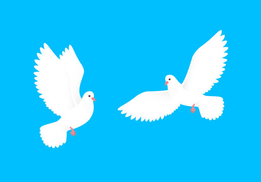 Couple of dove. White free birds in sky. Paper pigeons silhouette. Vector illustration
