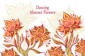 Template from Abstract Dancing Tropic Fantasy flowers in full colors on white  for  cosmetic  perfume or  for hygiene products or  for creative Post Card