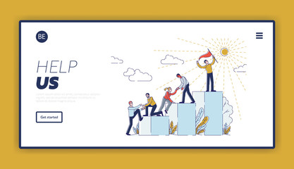 Website Landing Page. Businessmen Climbing Career Ladder. People Stand On Podiums With Leader In Front In Top Position Holding Flag. Web Page Cartoon Linear Outline Flat Style Vector Illustration