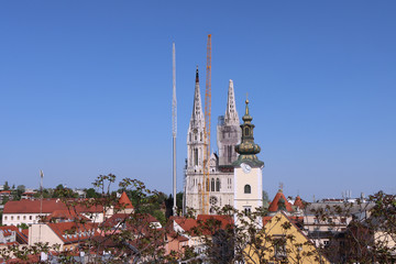 Removal part of the left tower of Zagreb Cathedral, damaged in the earthquake of March 22. 2020. The right tower itself collapsed.