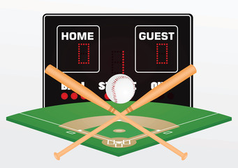 Baseball bat, ball, scoreboard and field. vector illustration
