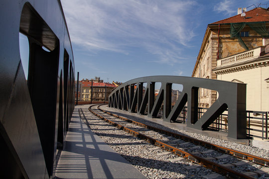 train bridge in the city in Prague . Train railways  in Czech