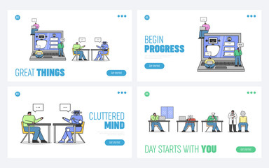 Website Landing Page. Characters Are Integrating Artificial Intelligence Combine Deep, Machine Learning And Testing It On Robot. Web Page Cartoon Linear Outline Flat Style. Vector Illustrations Set