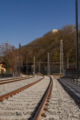 Fototapeta premium train bridge in the city in Prague . Train railways in Czech