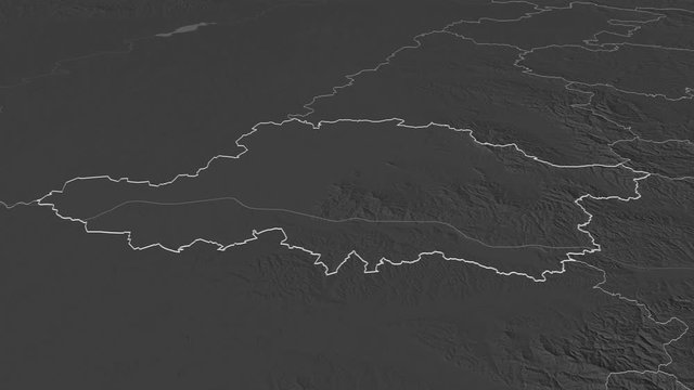 Arad, county with its capital, zoomed and extruded on the bilevel map of Romania in the conformal Stereographic projection. Animation 3D