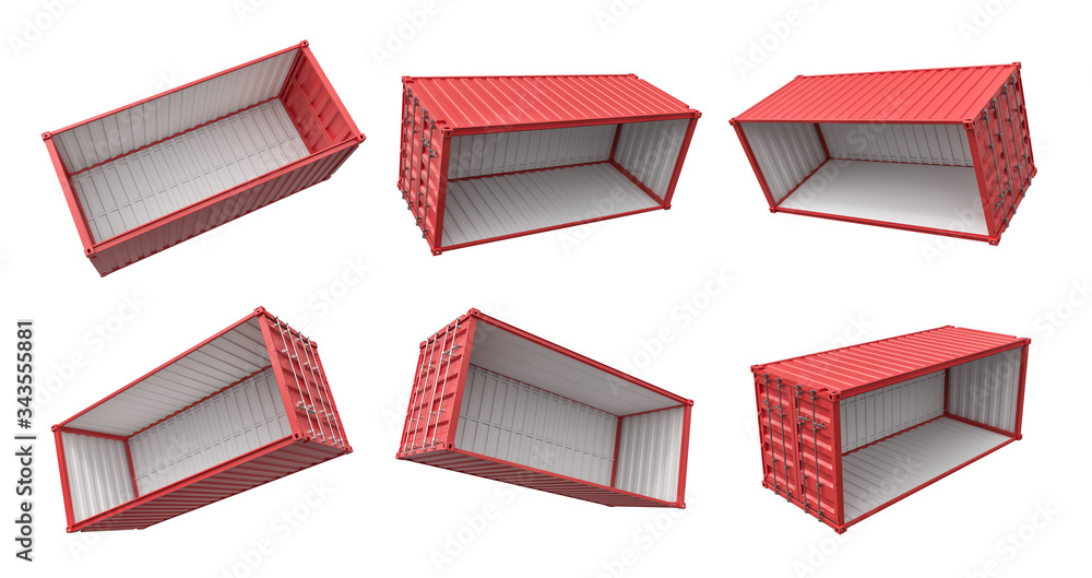 Poster 3d rendering of set of open red shipping container isolated on white background