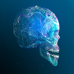 Anatomical view of a skull, neuronal interconnections, brain and communication. Mind and thought. Neurons and electrical impulses. 3d render © Naeblys