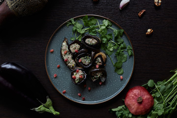 Georgian national dish - eggplant stuffed with walnuts and garlic, top view.