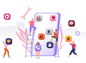 Business People Creative Team Putting App Icons on Huge Smartphone Screen.