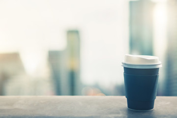 Background of black coffee cup refreshing enjoy morning before work from home video conference call meeting with cafe rooftop traffic view from window during coronavirus covid city lockdown quarantine