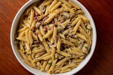 hot pasta with mushroom parmesan and bacon