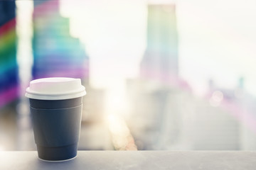 Background of black coffee cup refreshing enjoy morning before work from home video conference call meeting with cafe rooftop traffic view from window during coronavirus covid city lockdown quarantine