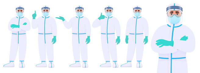 Male doctor in protective suit standing various postures and showing hand gestures. Set of physician or surgeon character covering with safety coverall (PPE). Cartoon illustration in vector style.
