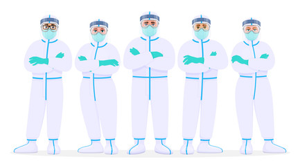 Group of doctors in protection suit, face shield, mask and goggles. Team of medical staffs with personal protective equipment. Physicians covering with safety coverall. Cartoon illustration in vector.