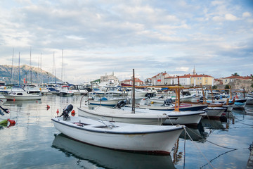 Fototapeta na wymiar Boats and yachts in Adriatic sea marina Montenegro 