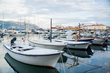 Fototapeta na wymiar Boats and yachts in Adriatic sea marina Montenegro 