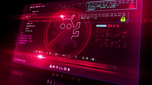 Virus detected alert on computer screen. Cyber security breach warning with worm symbol and system protection concept 3d loopable and seamless animation with glitch effect.
