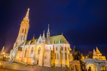 Matthias Church, a famous landmark in Budapest, Hungary by night.