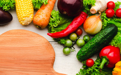 Vegetarian food.Cutting board, vegetables for cooking.Top view.