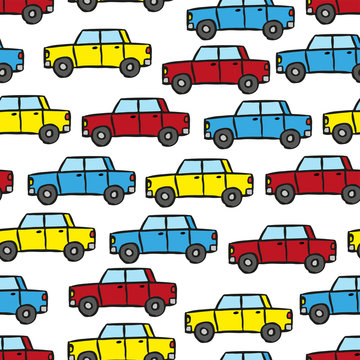 Multi-colored cars isolated on a white background. Side view. Baby seamless pattern. Hand drawn vector graphic illustration. Texture.