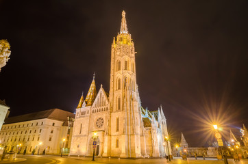 Fototapeta na wymiar Matthias Church, a famous landmark in Budapest, Hungary by night.