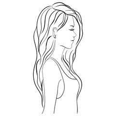 face of beautiful and charming woman, side view, black vector hand drawing on the white background