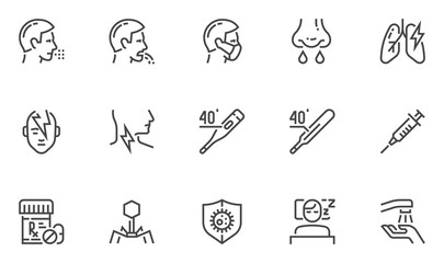 Symptoms of Colds, Flu, and Food Poisoning Vector Line Icons. Headache, Vomiting, Fever, Cough, Runny Nose. Treatment and Prevention of Viral Diseases. Editable Stroke. 48x48 Pixel Perfect.