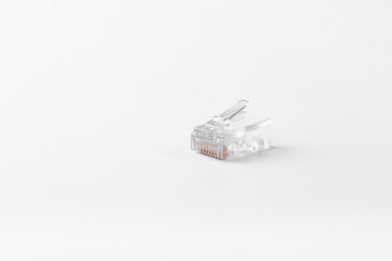 A lan connector close up isolated in white background. Copy space. Space for text.