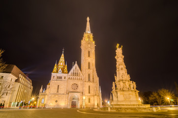 Night view of the Matthias Church in Budapest Hungary.